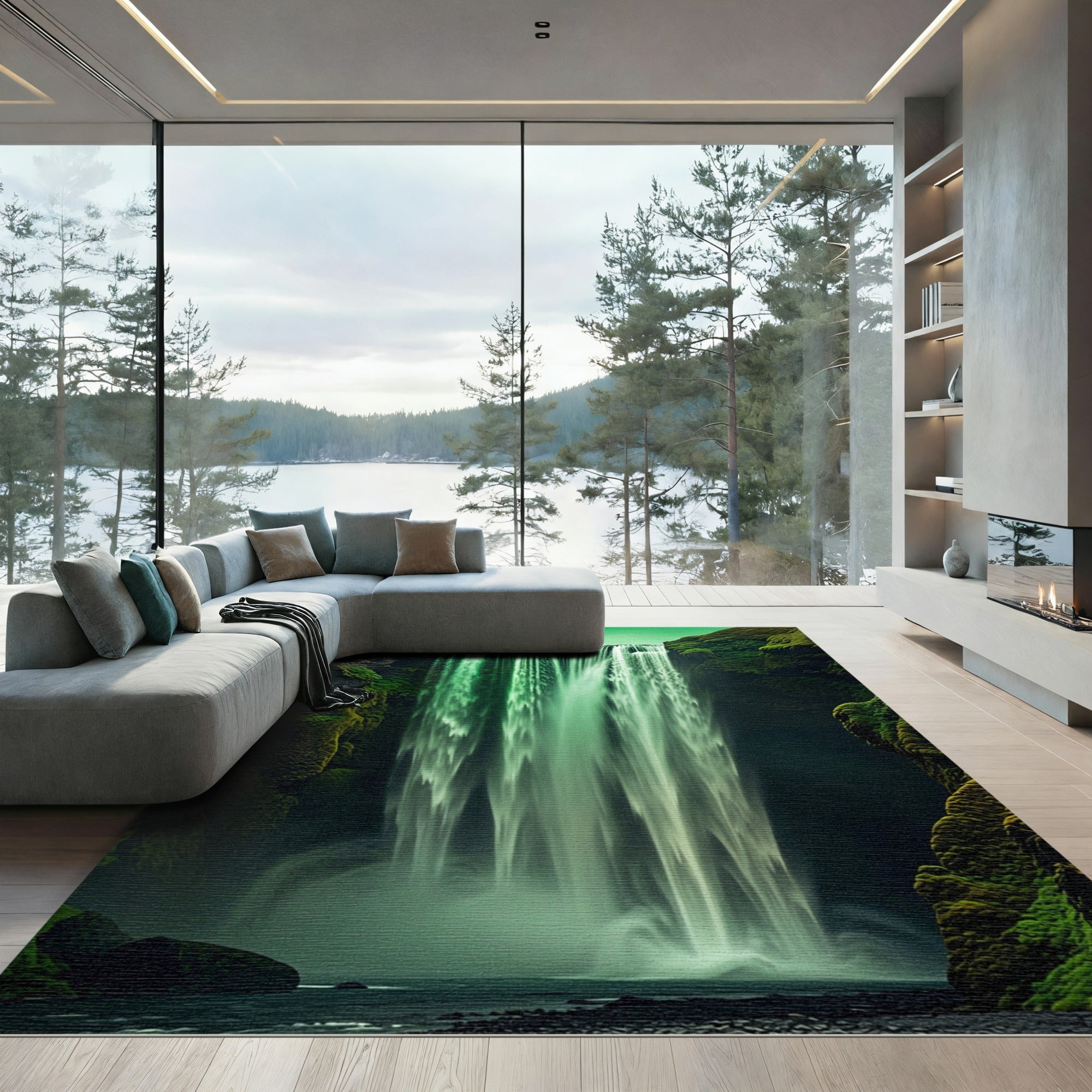 Evergreen Waterfall Cascade Landscape Rug