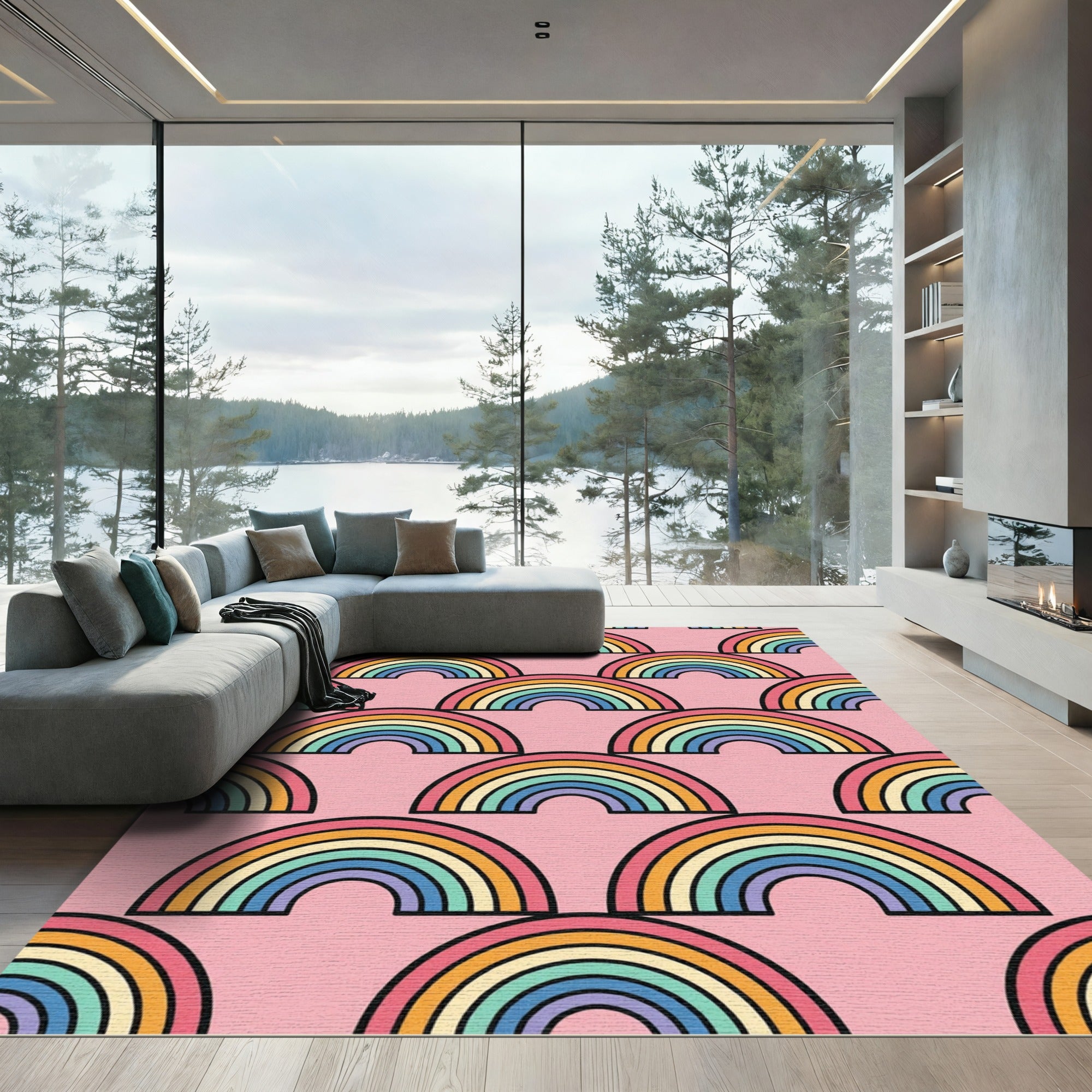 Retro Pastel Rainbow Arched Mural Rug