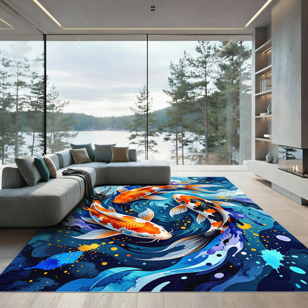 Abstract Koi Fish Blue Circular Movement Rug