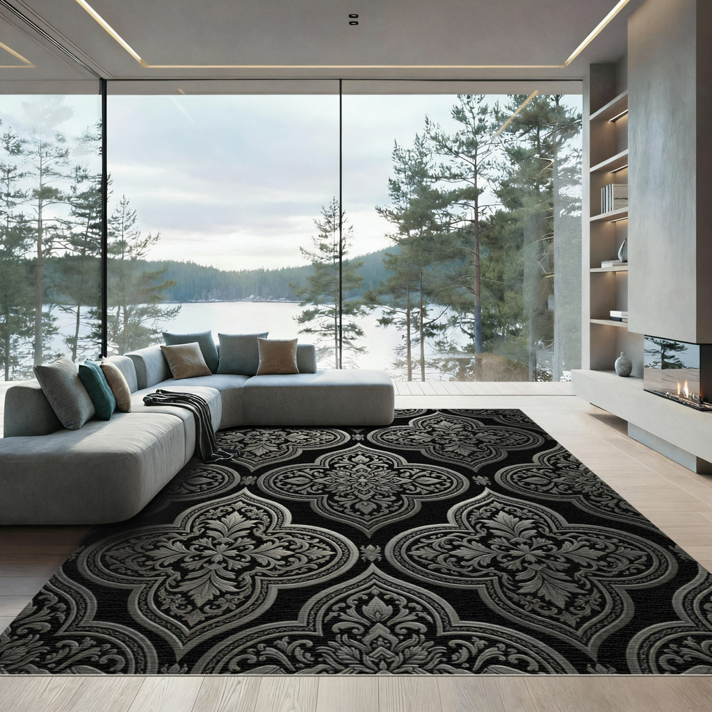Elegant Metallic Silver Damask Trellis Rug