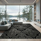 Elegant Metallic Silver Damask Trellis Rug