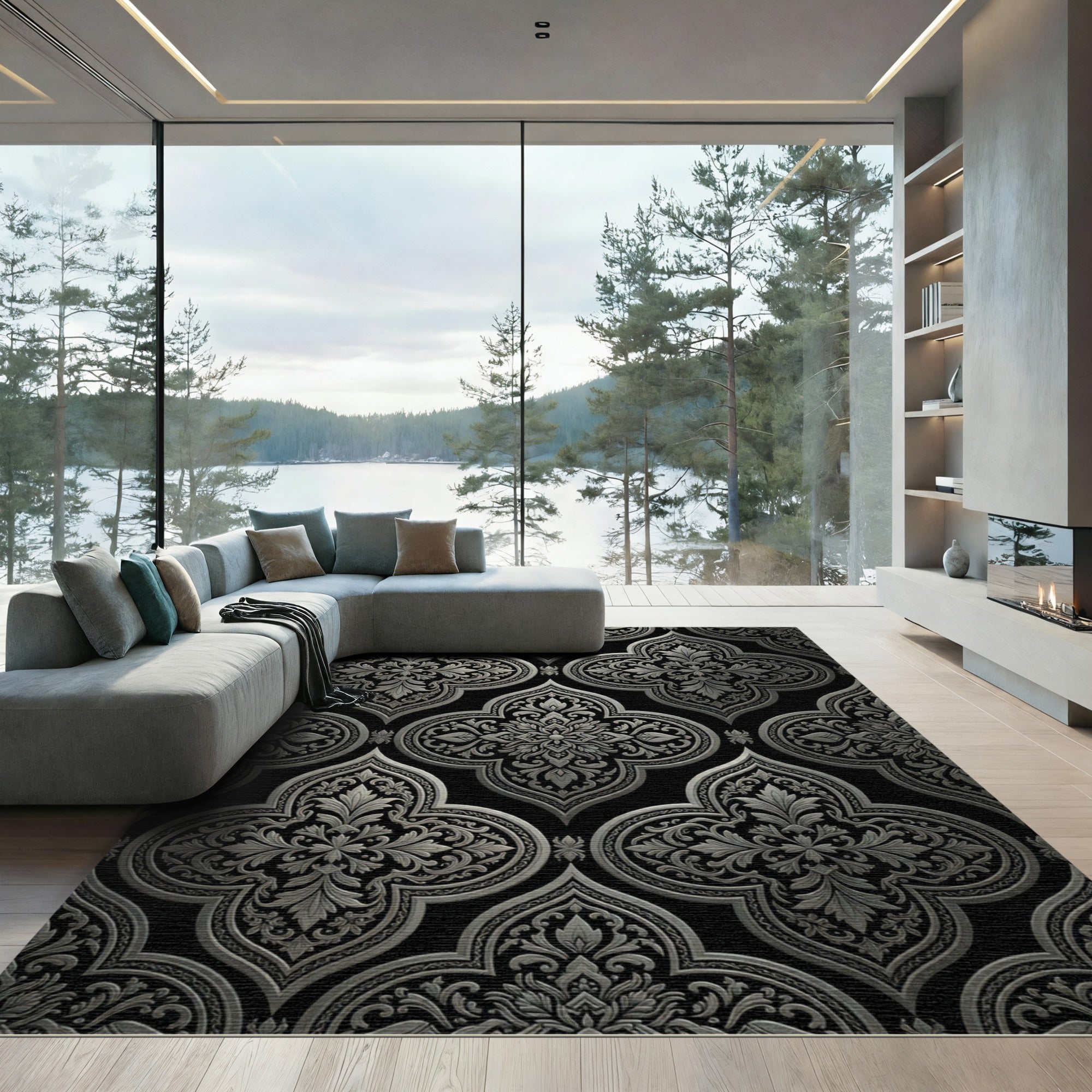 Elegant Metallic Silver Damask Trellis Rug