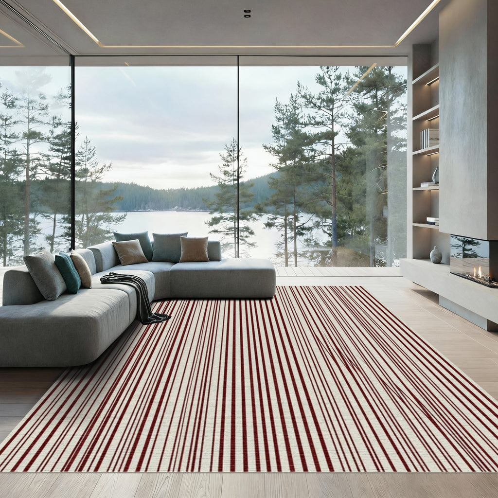 Rich Burgundy Cream Vertical Lines Rug