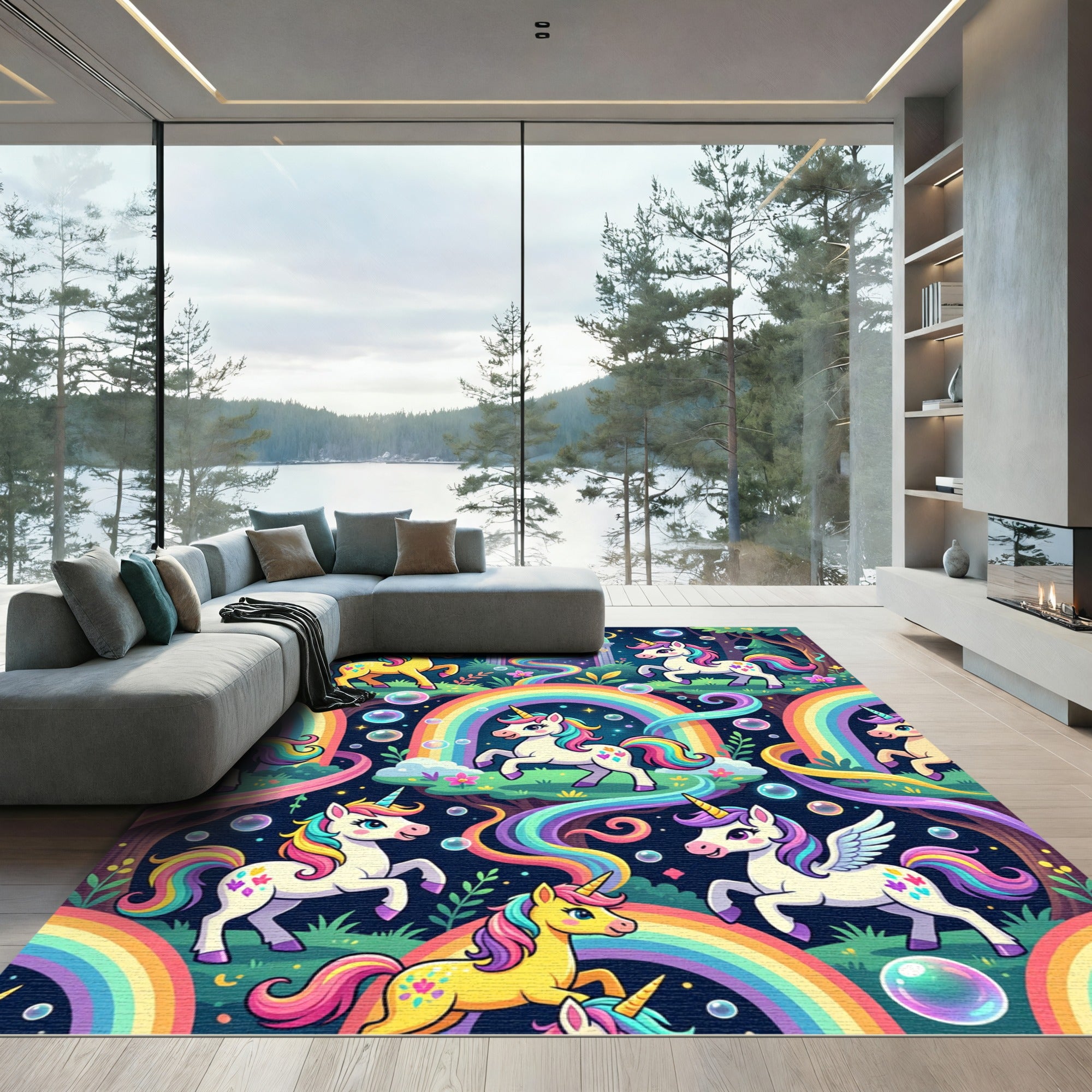 Whimsical Rainbow Unicorn Enchanted Forest Rug