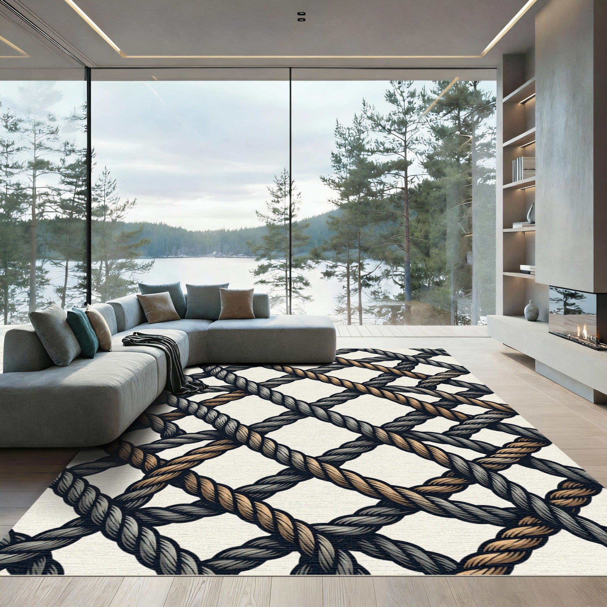 Nautical Gray and Gold Rope Lattice Rug