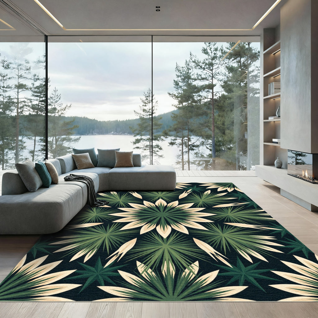 Modern Dark Green Botanical Star Mandala Rug