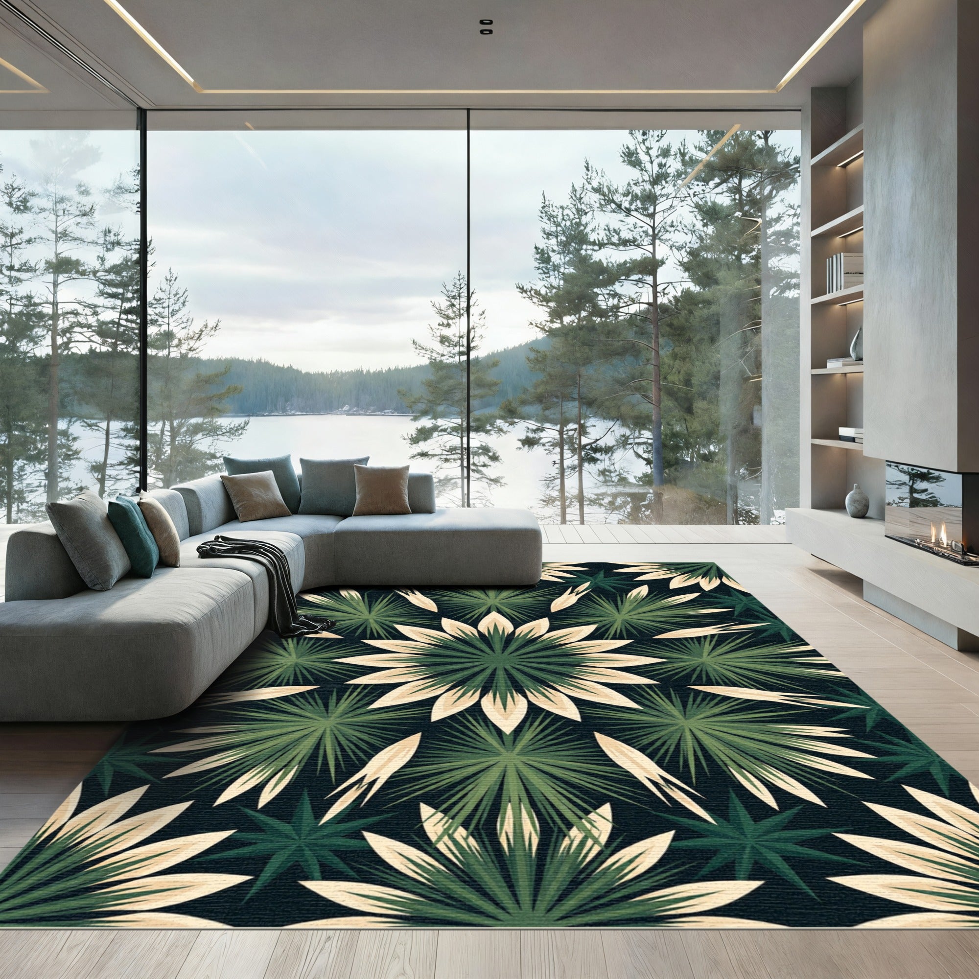 Modern Dark Green Botanical Star Mandala Rug