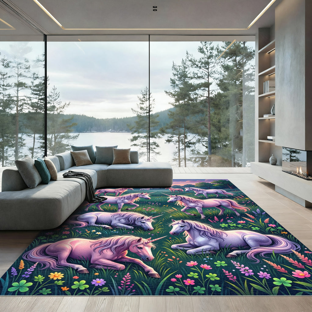 Whimsical Pastel Unicorn Flower Meadow Rug