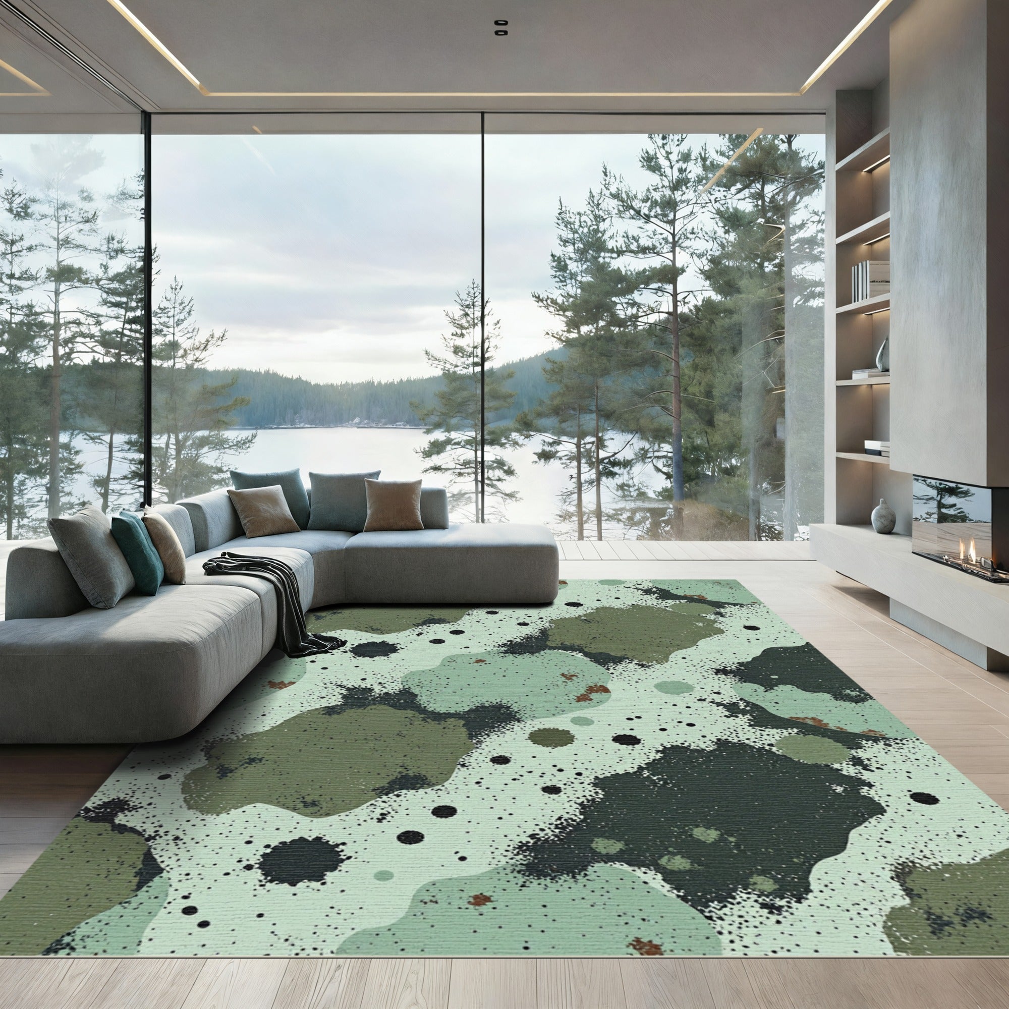 Earthy Green Splatter Organic Forms Rug