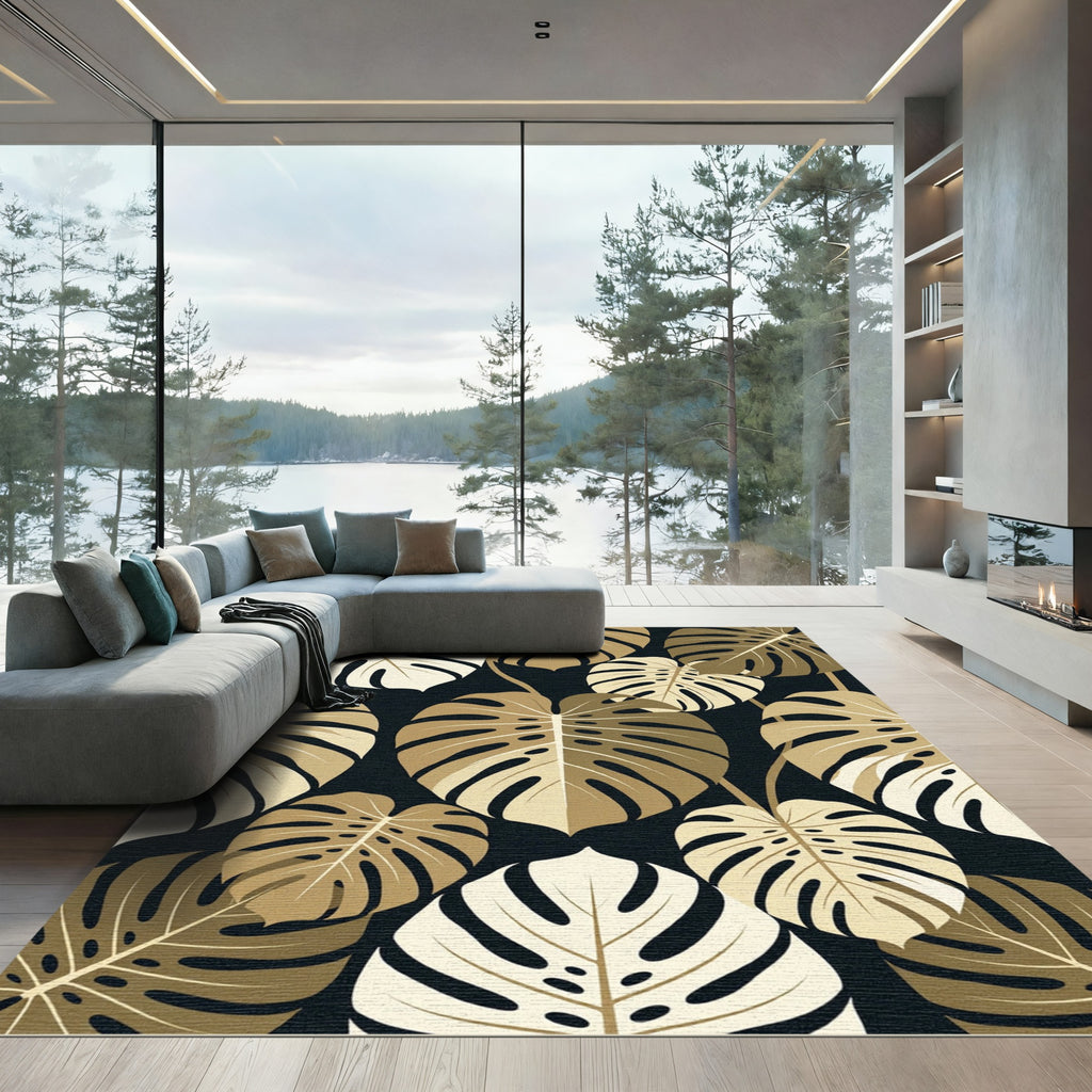 Elegant Golden Monstera Leaf Botanical Rug