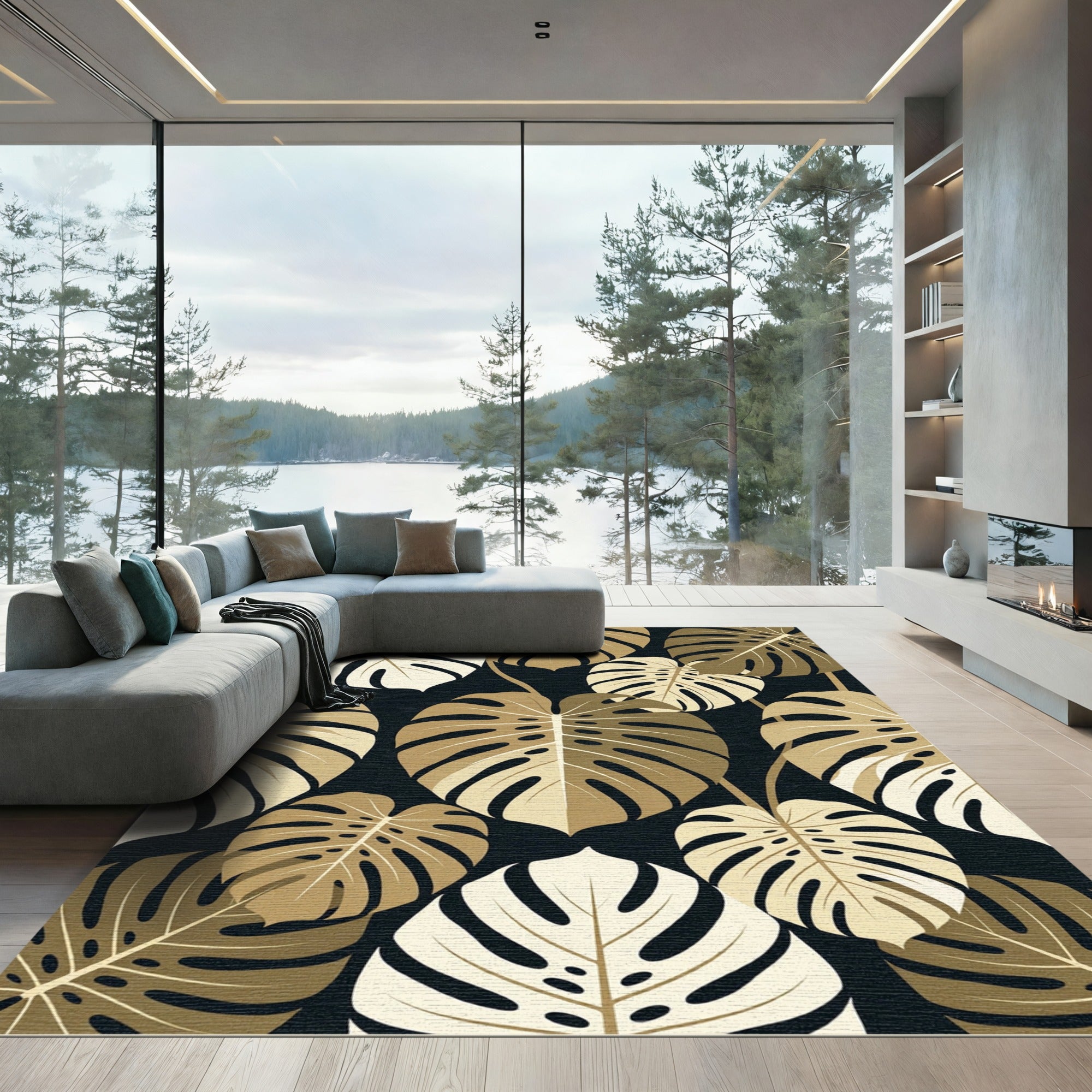 Elegant Golden Monstera Leaf Botanical Rug