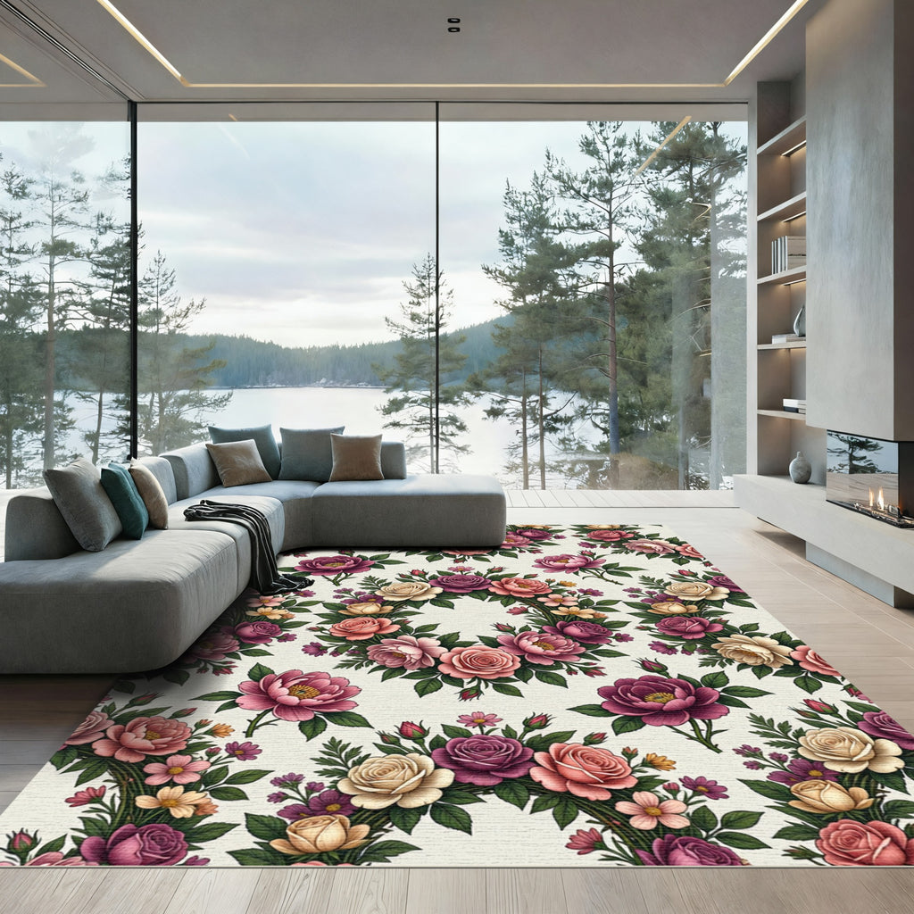 Romantic Peony Rose Garden Wreath Rug