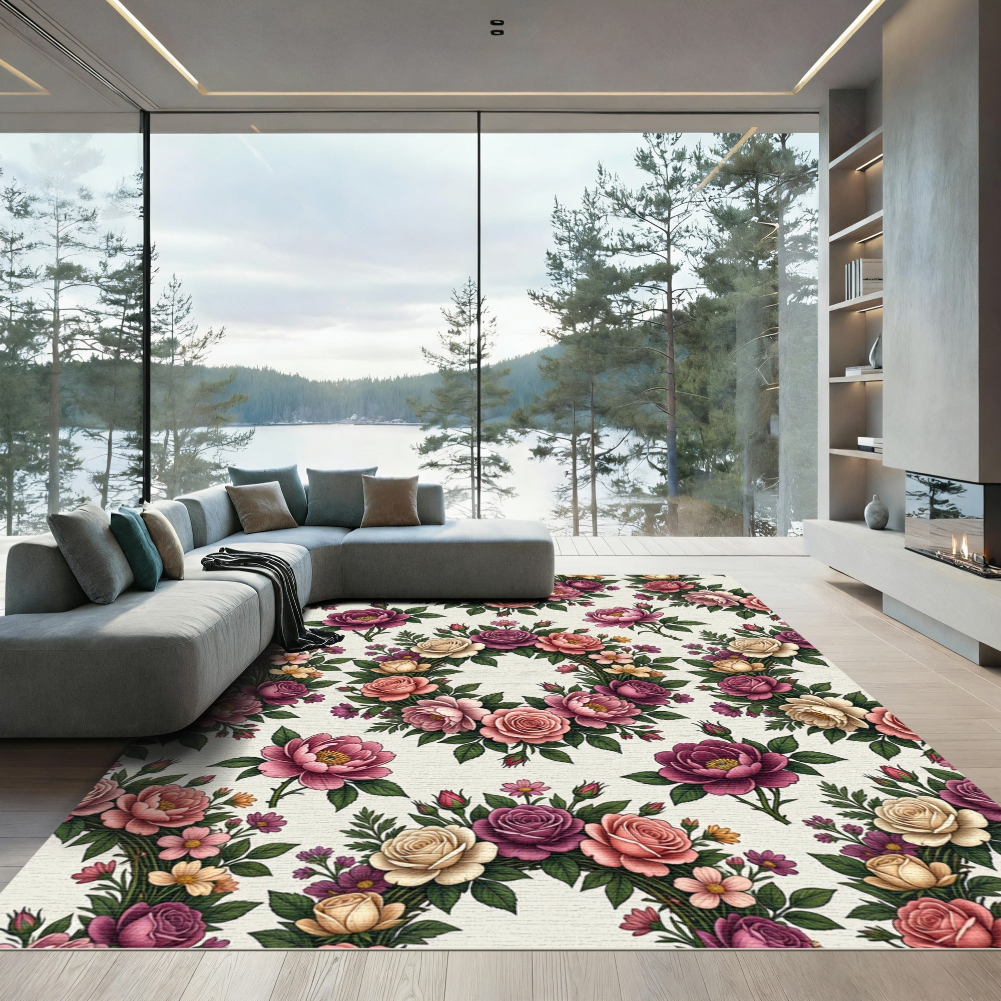 Romantic Peony Rose Garden Wreath Rug