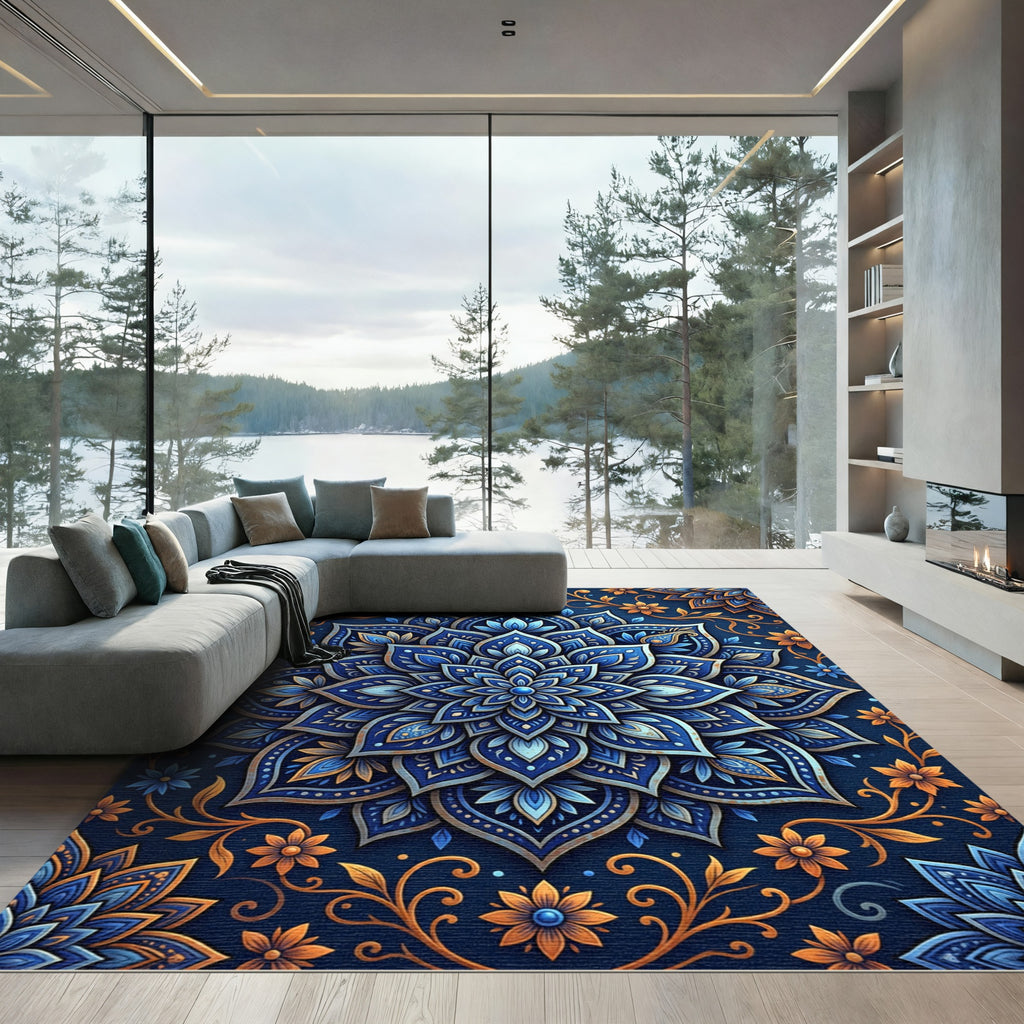Elegant Indigo Gold Floral Mandala Rug