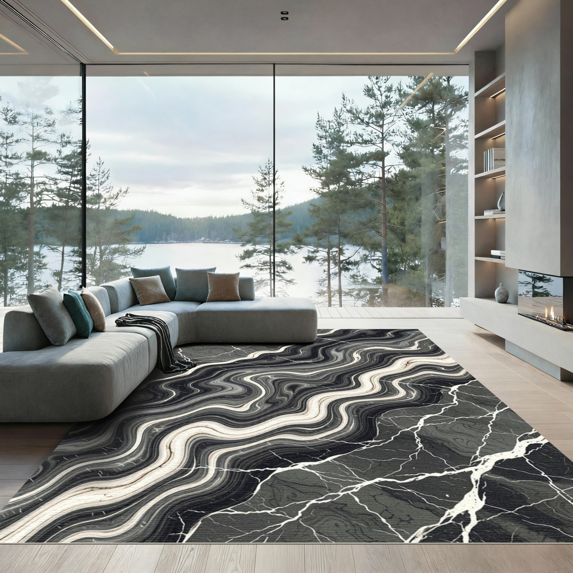 Modern Abstract Monochrome Liquid Marble Rug