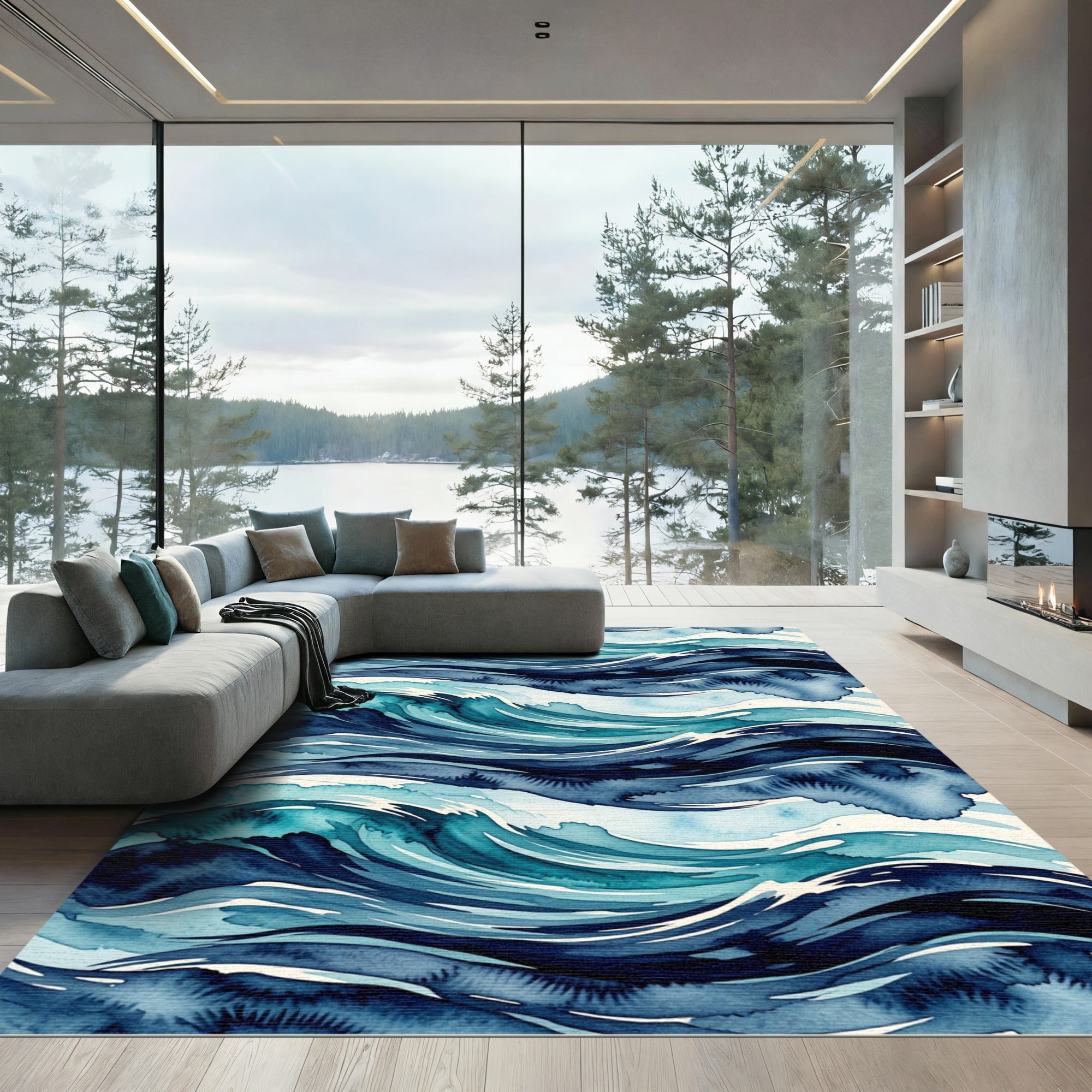 Abstract Indigo Watercolor Ocean Wave Rug