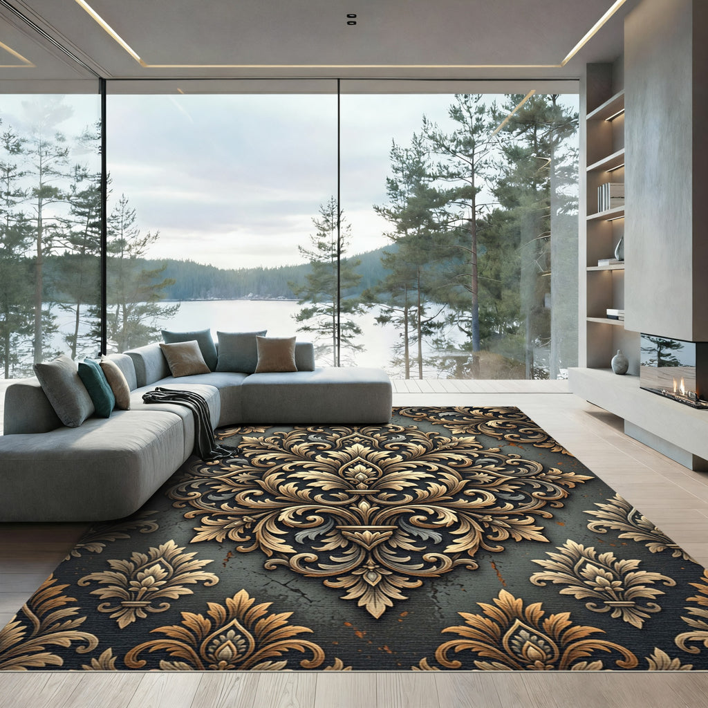 Ornate Golden Damask Charcoal Scroll Rug