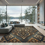 Ornate Golden Damask Charcoal Scroll Rug
