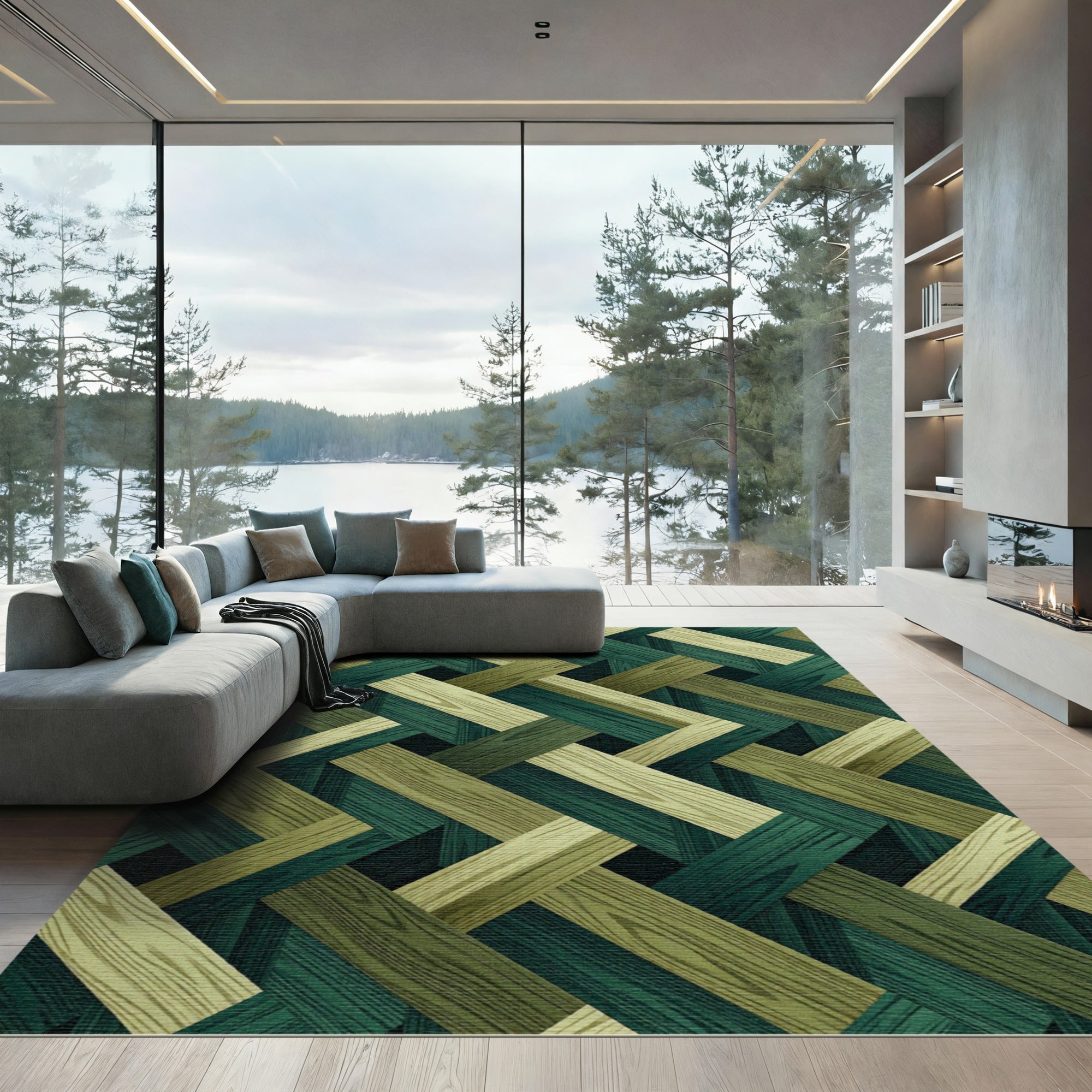 Green Wood Plank Weave Rug
