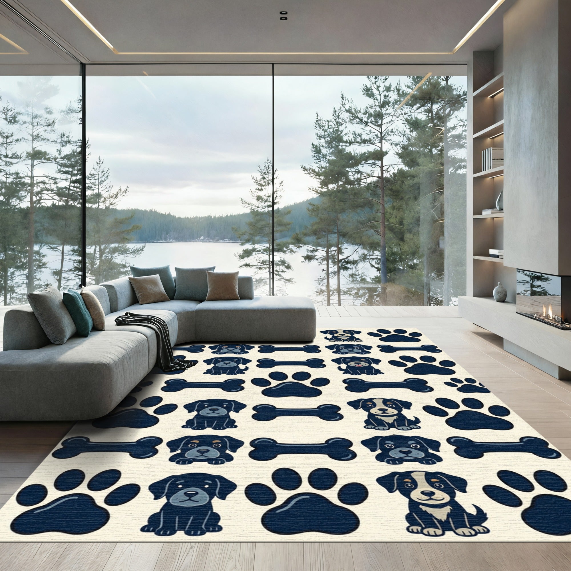 Cute Navy Canine Paw and Bone Rug