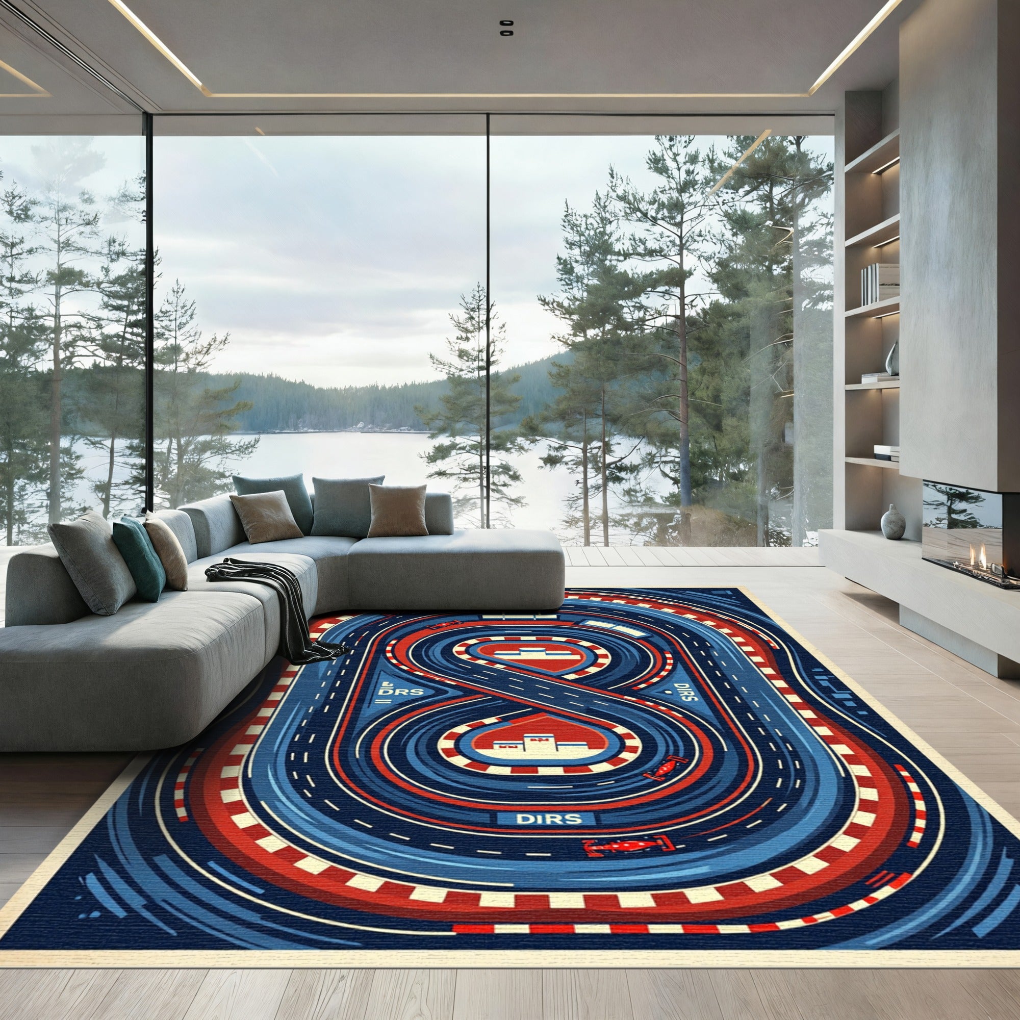 Abstract Red and Blue Race Track Rug