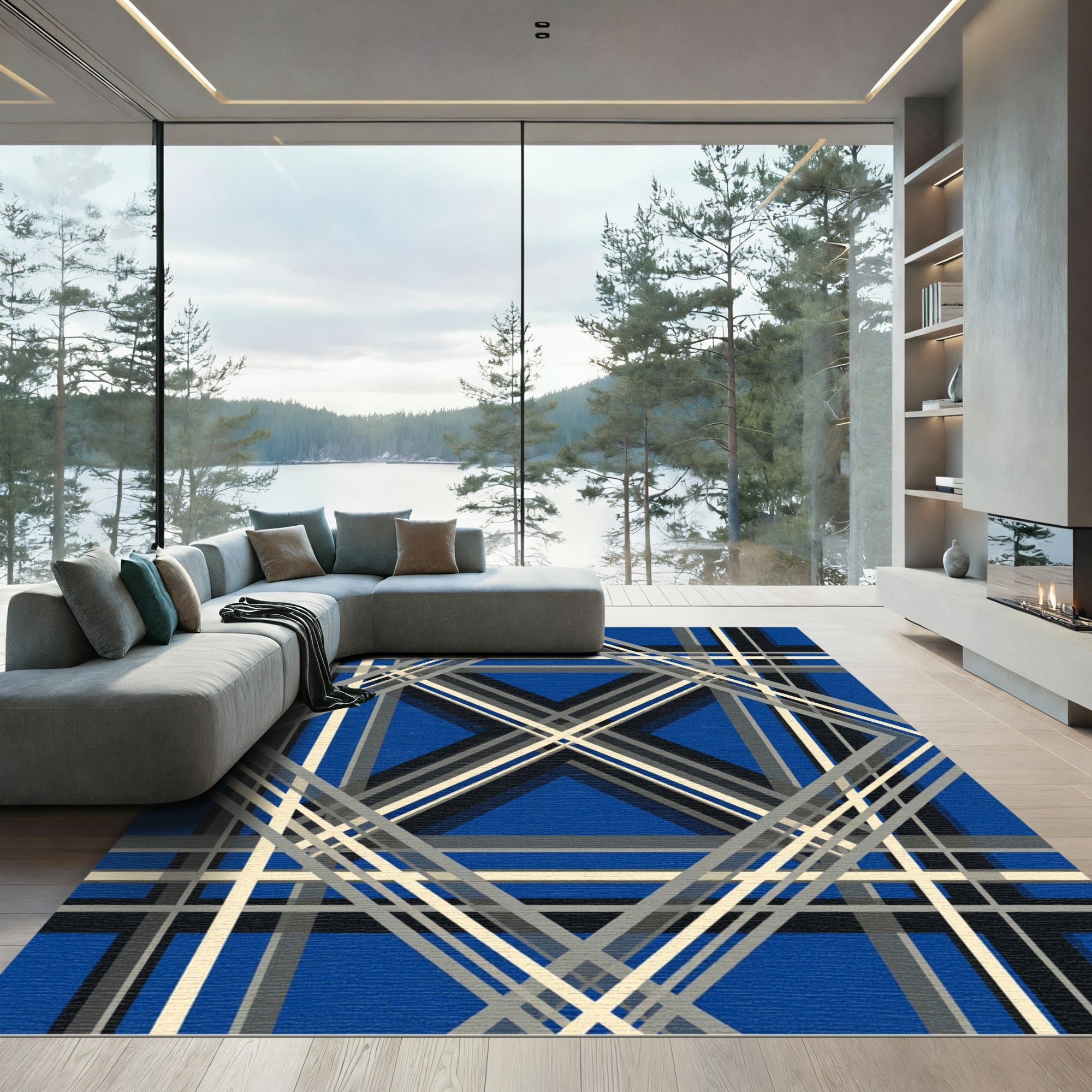 Deep Blue Intersecting Geometric Lines Rug