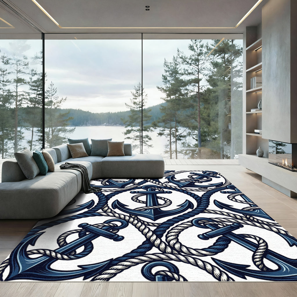 Navy Nautical Anchor Rope Illustration Rug