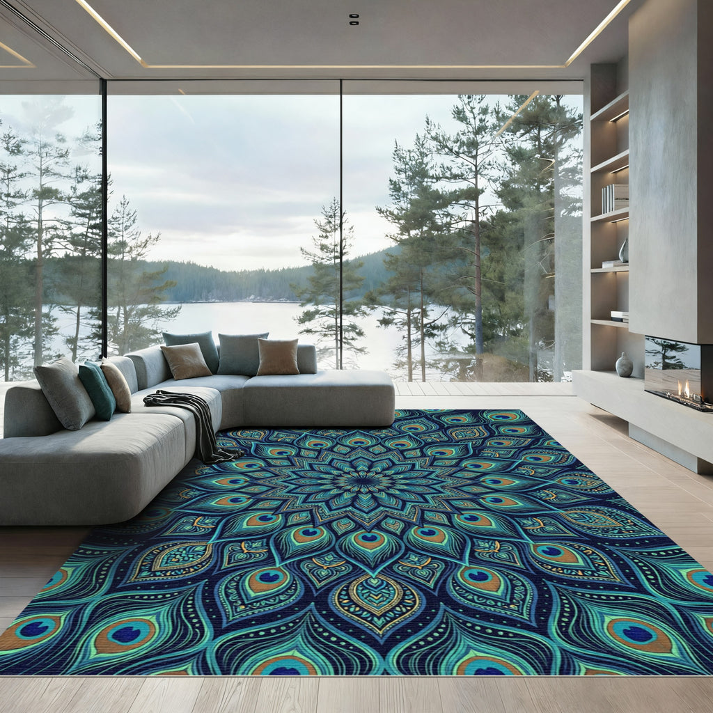 Vibrant Peacock Feather Mandala Medallion Rug