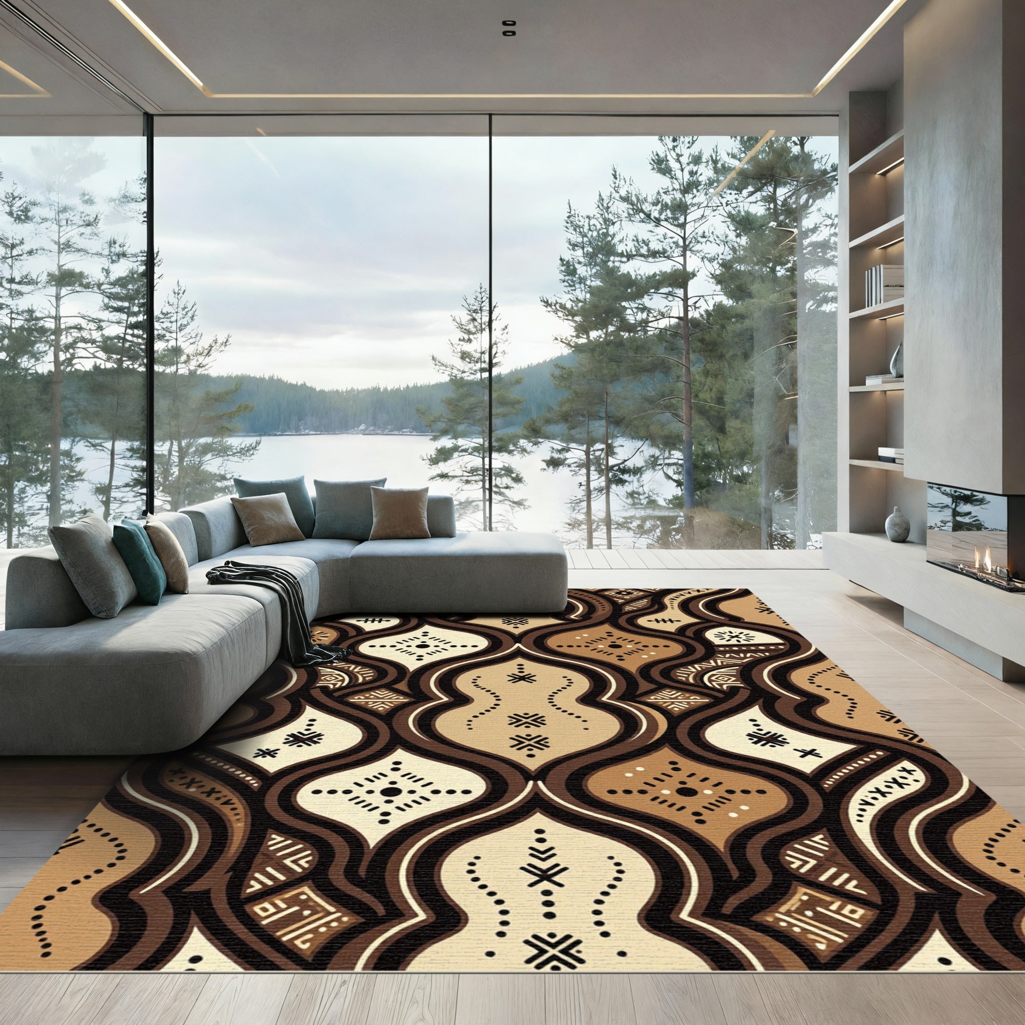 Earthy Brown Linear Tribal Geometric Rug