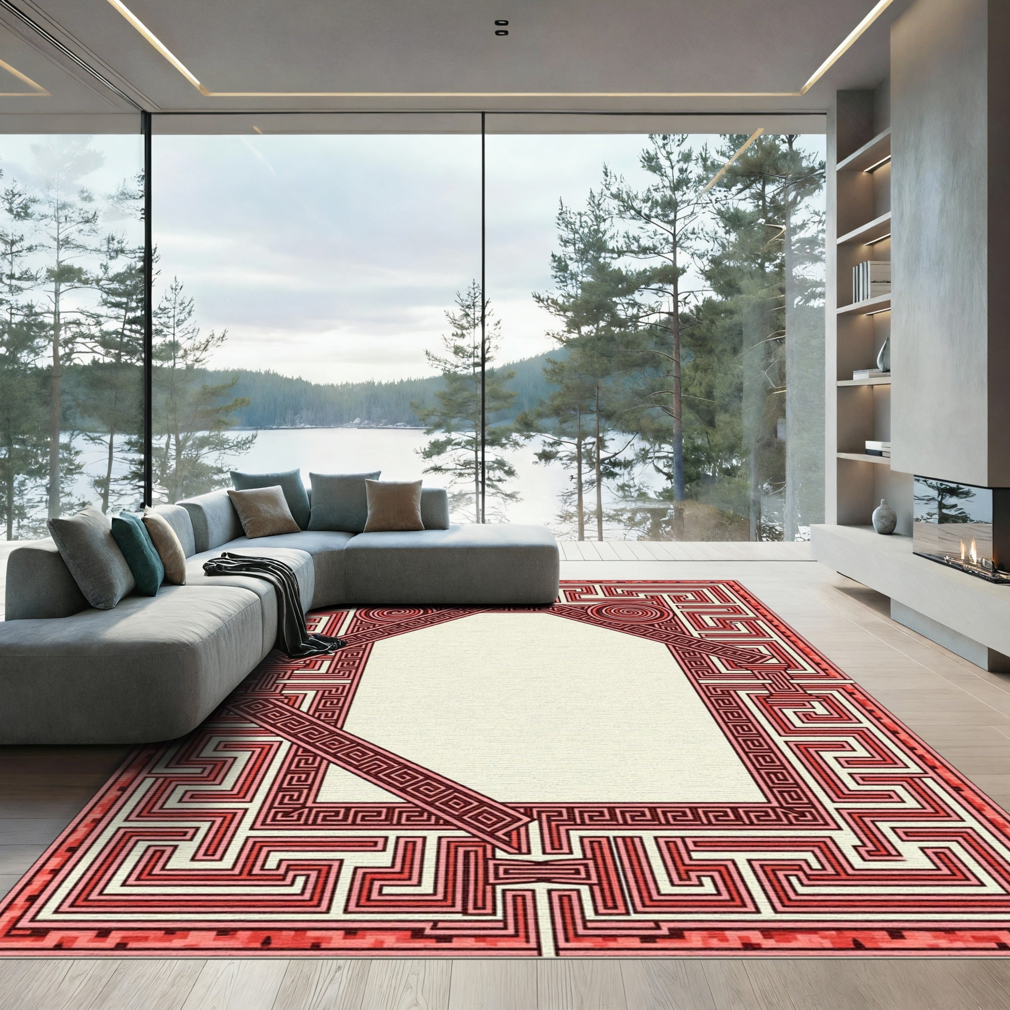 Crimson Maze Geometric Medallion Border Rug