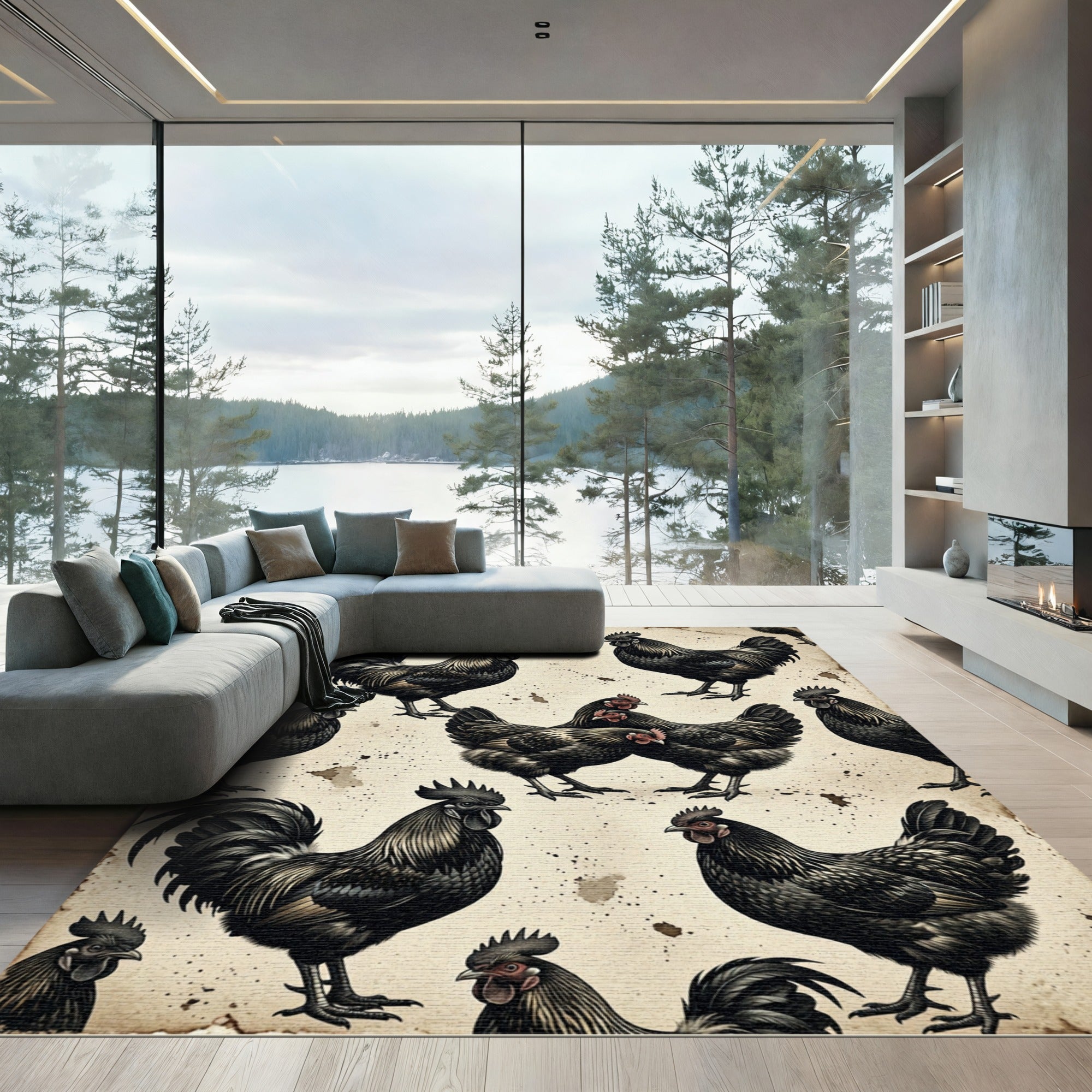 Vintage Monochrome Black Rooster Farmhouse Art Rug