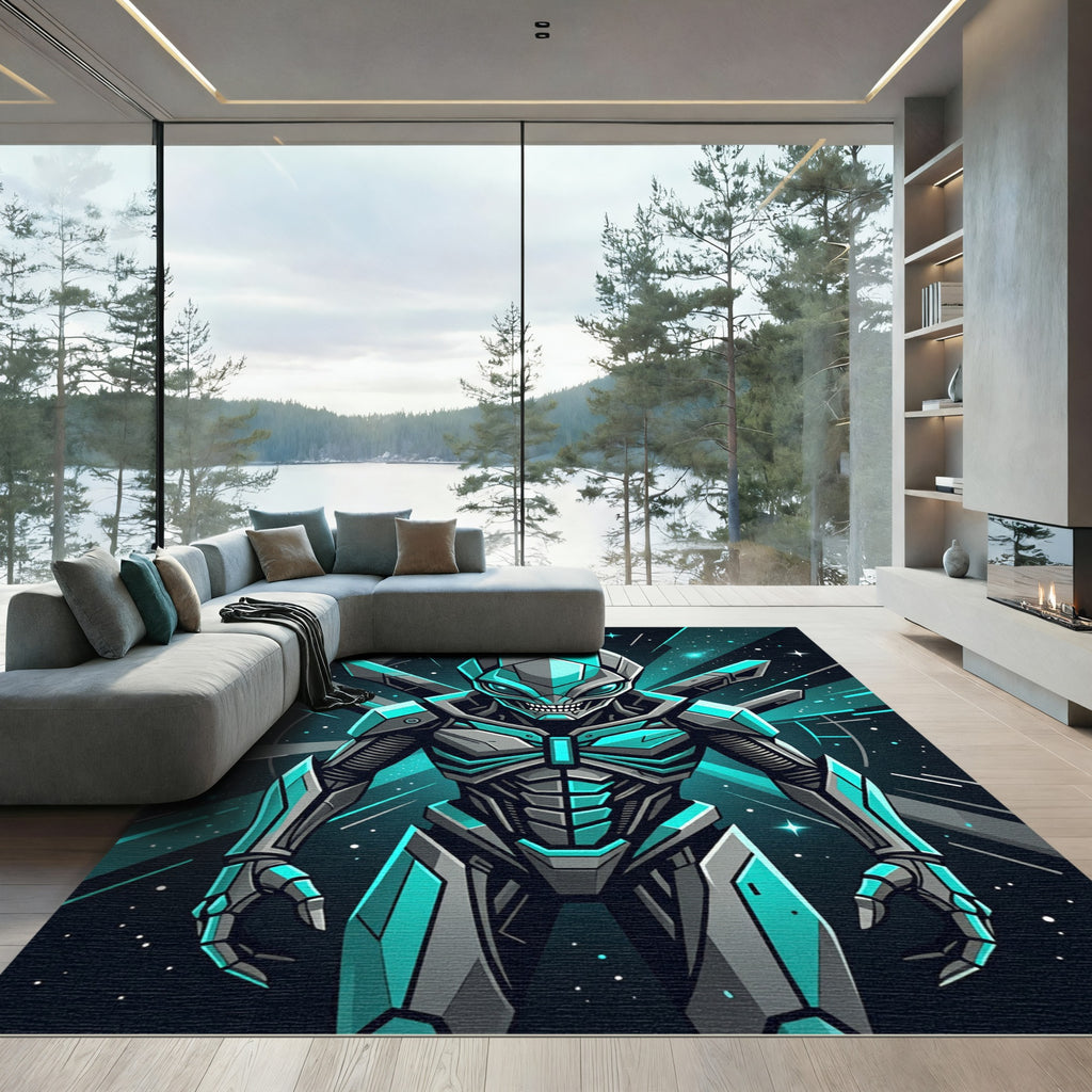 Neon Cybernetic Alien Android Warrior Rug