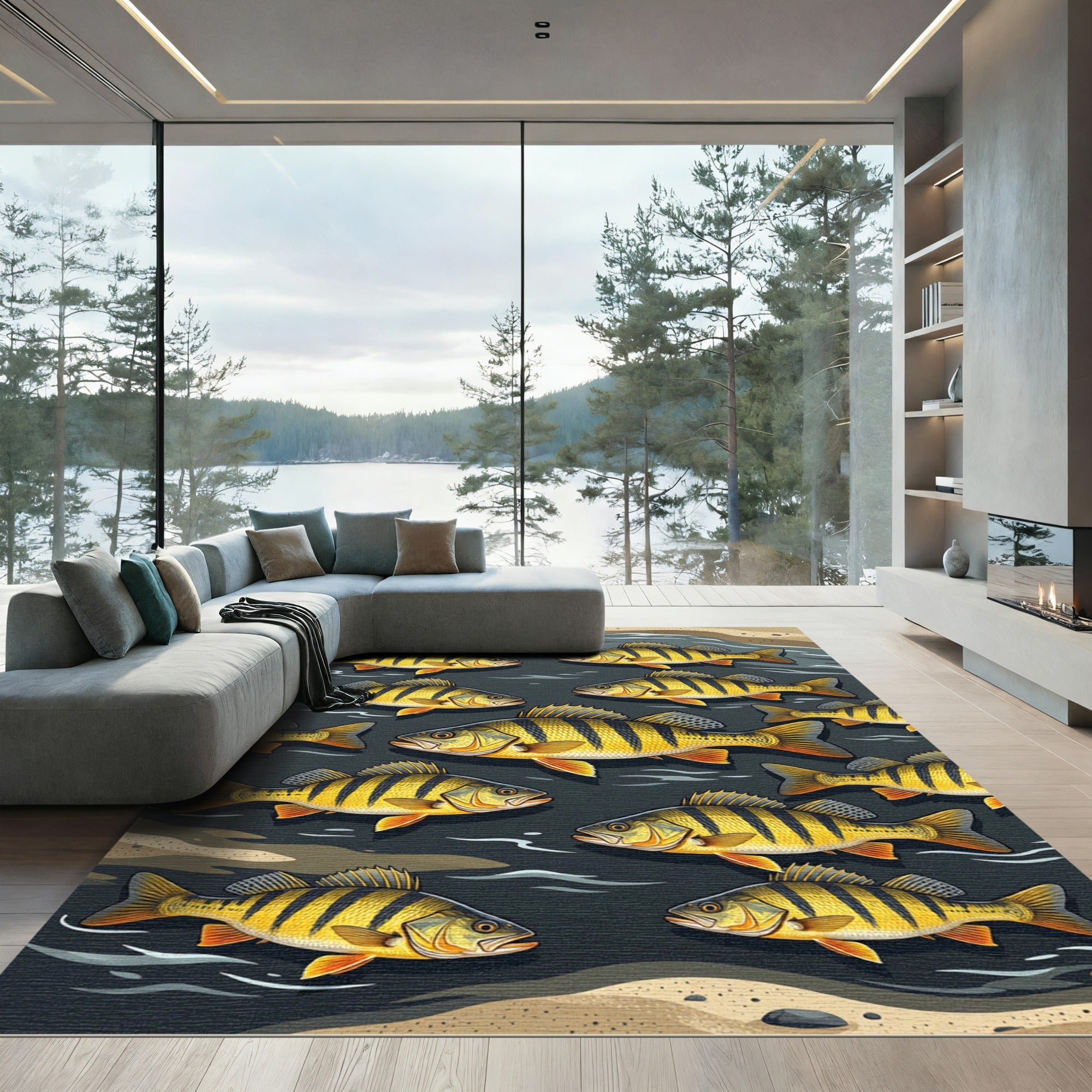 Golden Yellow Perch School Aquatic Art Rug