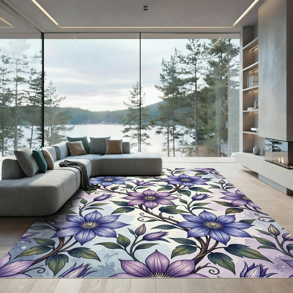 Elegant Purple Clematis Botanical Floral Rug