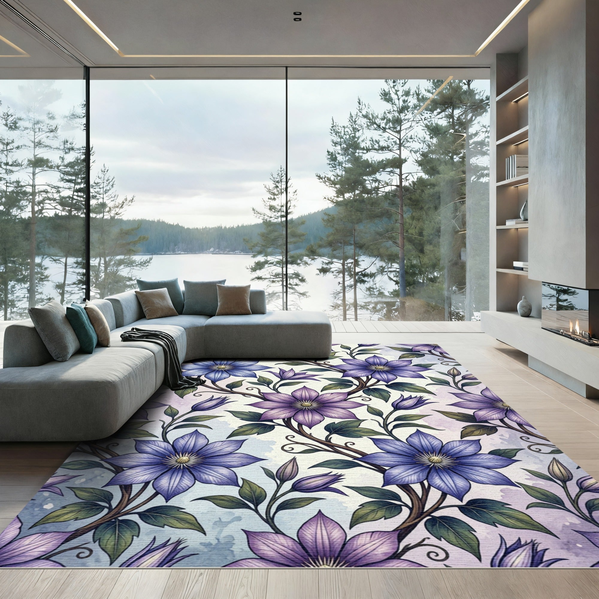 Elegant Purple Clematis Botanical Floral Rug