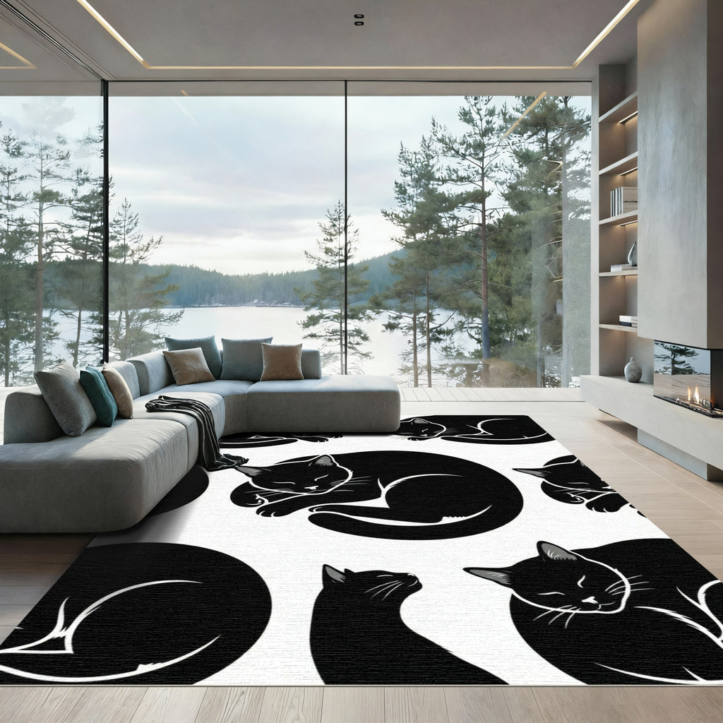Black Sleeping Cats Repeating Pattern Rug
