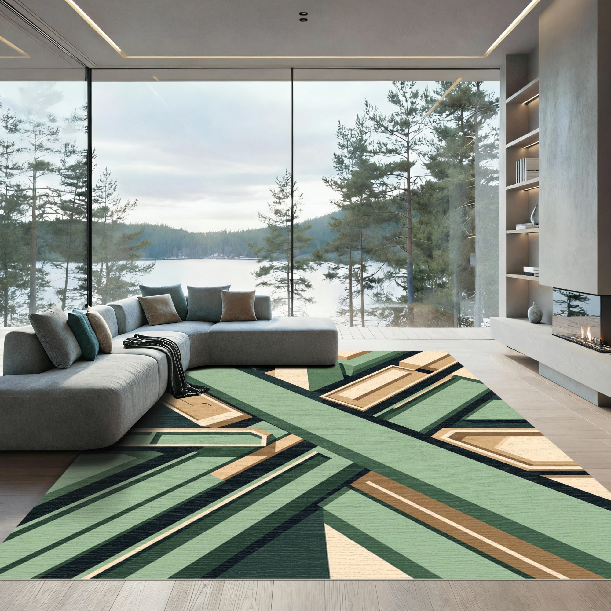 Geometric Sage and Cream Architectural Abstract Rug