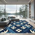 Blue Crossed Lattice Geometric Grid Rug