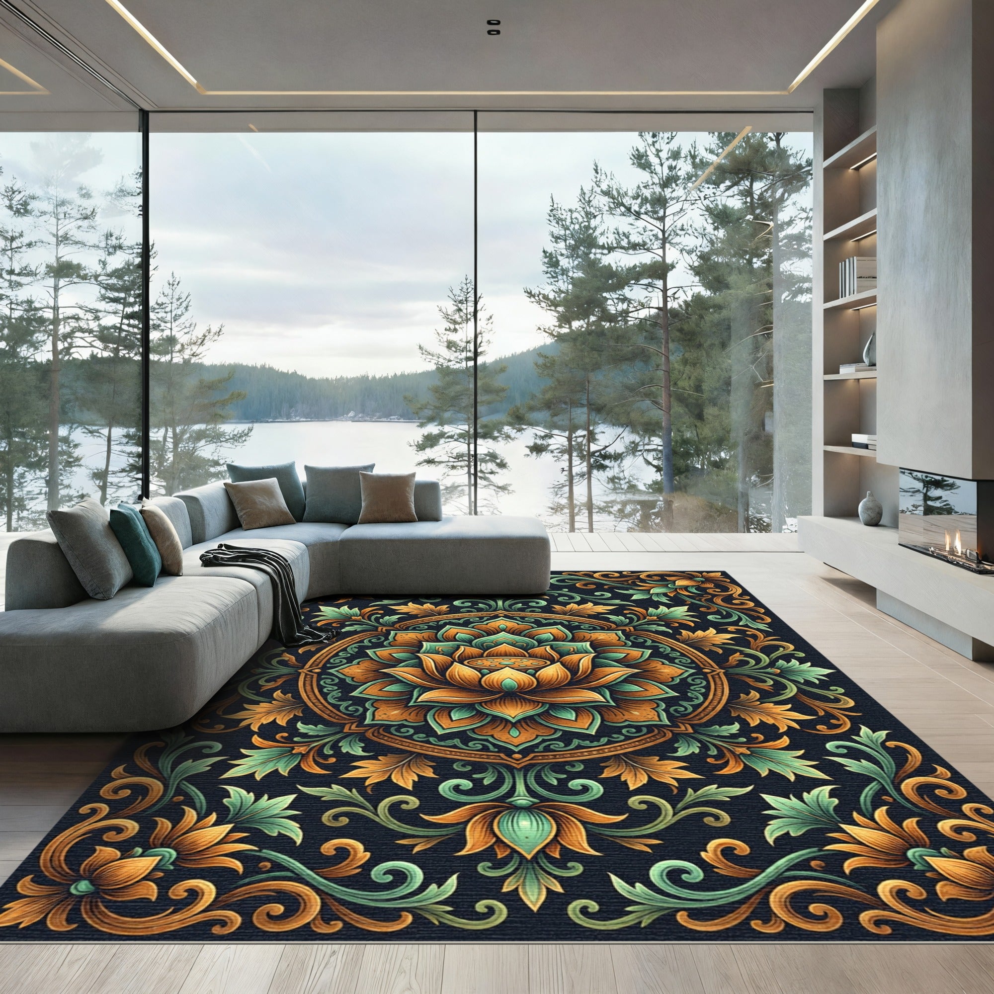Ornate Emerald and Gold Lotus Medallion Rug