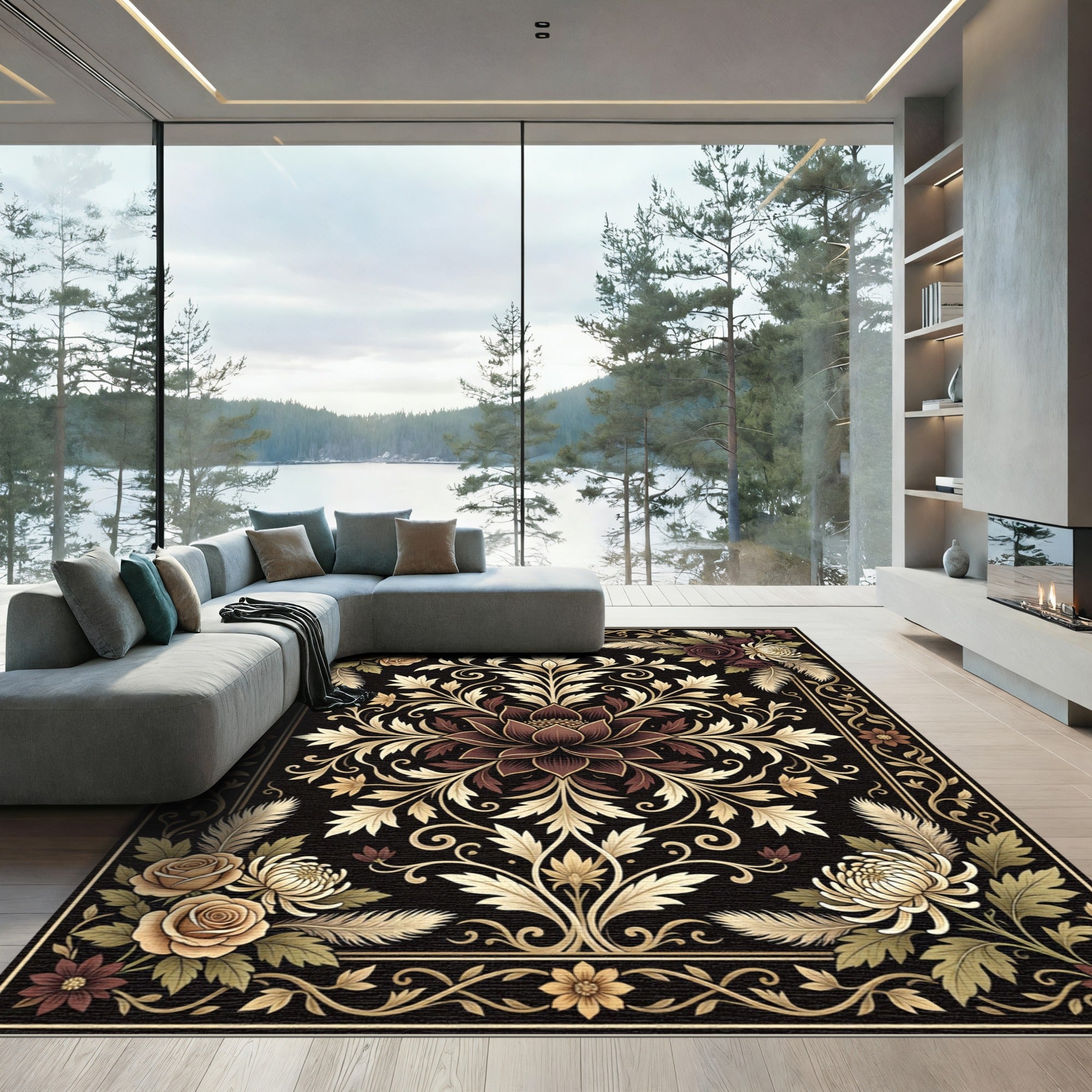 Elegant Dark Floral Gold Filigree Rug