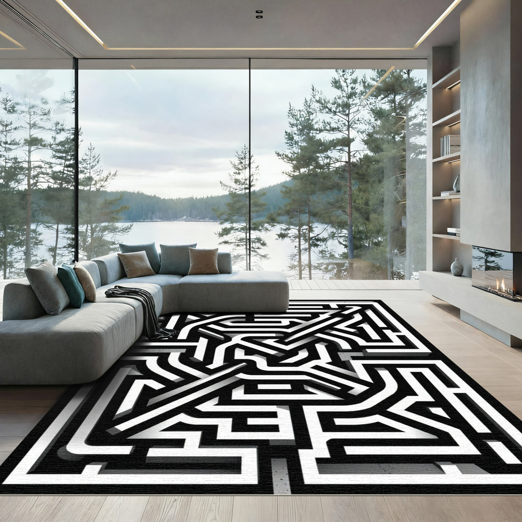 Monochrome Striped Maze Composition Rug