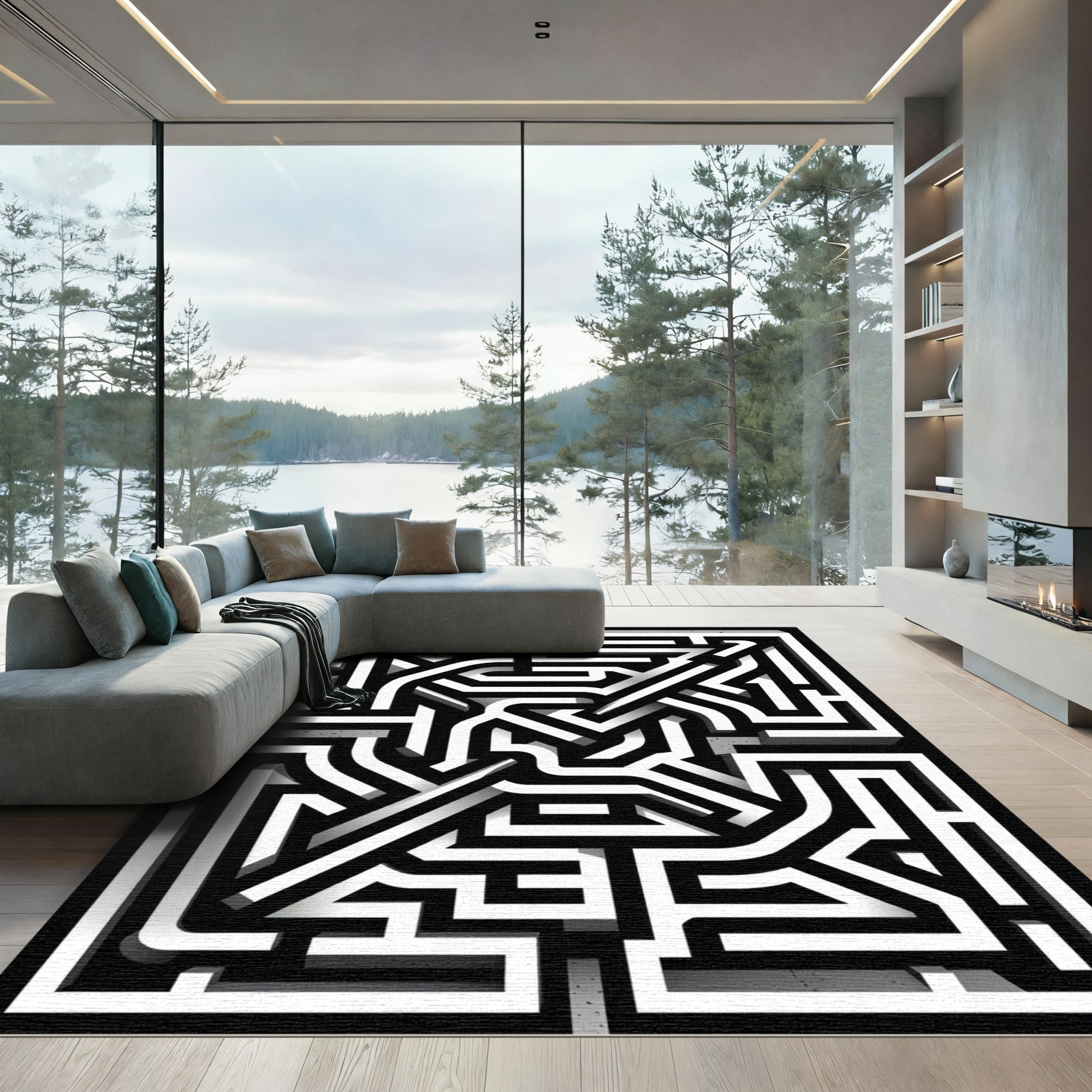 Monochrome Striped Maze Composition Rug