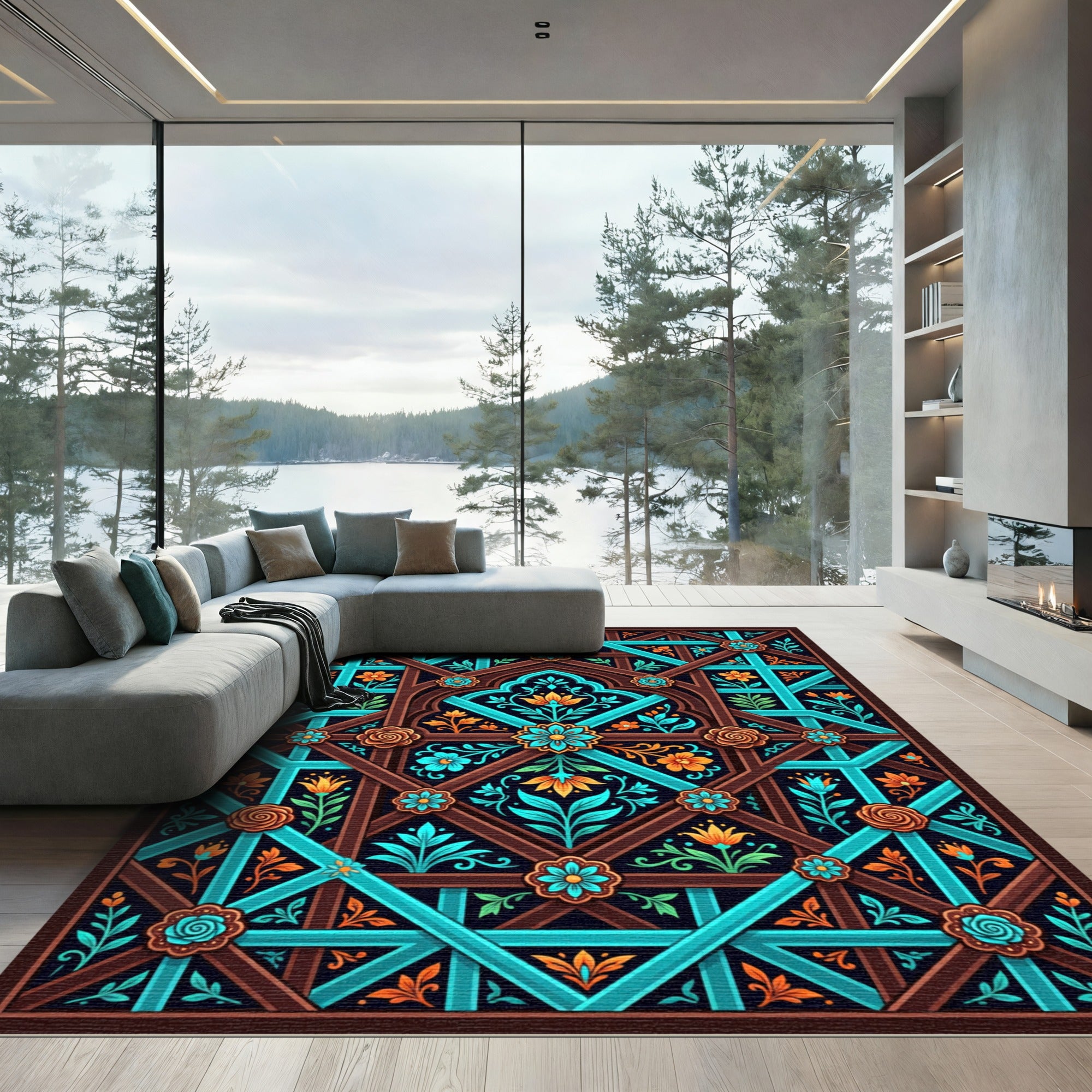 Teal and Copper Ornate Botanical Lattice Rug
