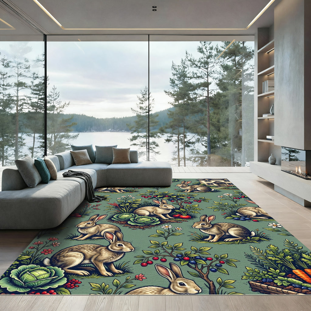 Whimsical Sage Rabbit Forest Garden Rug