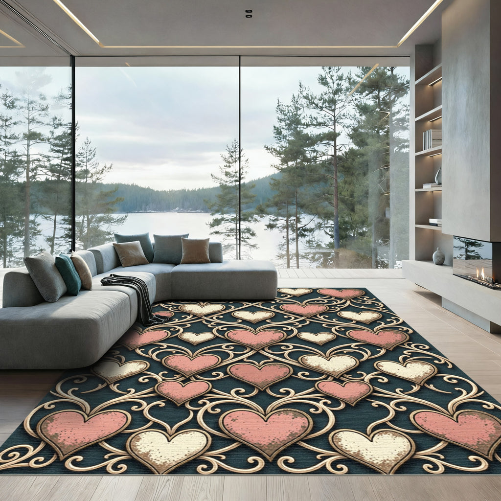 Vintage Ornate Pink Heart Scroll Rug
