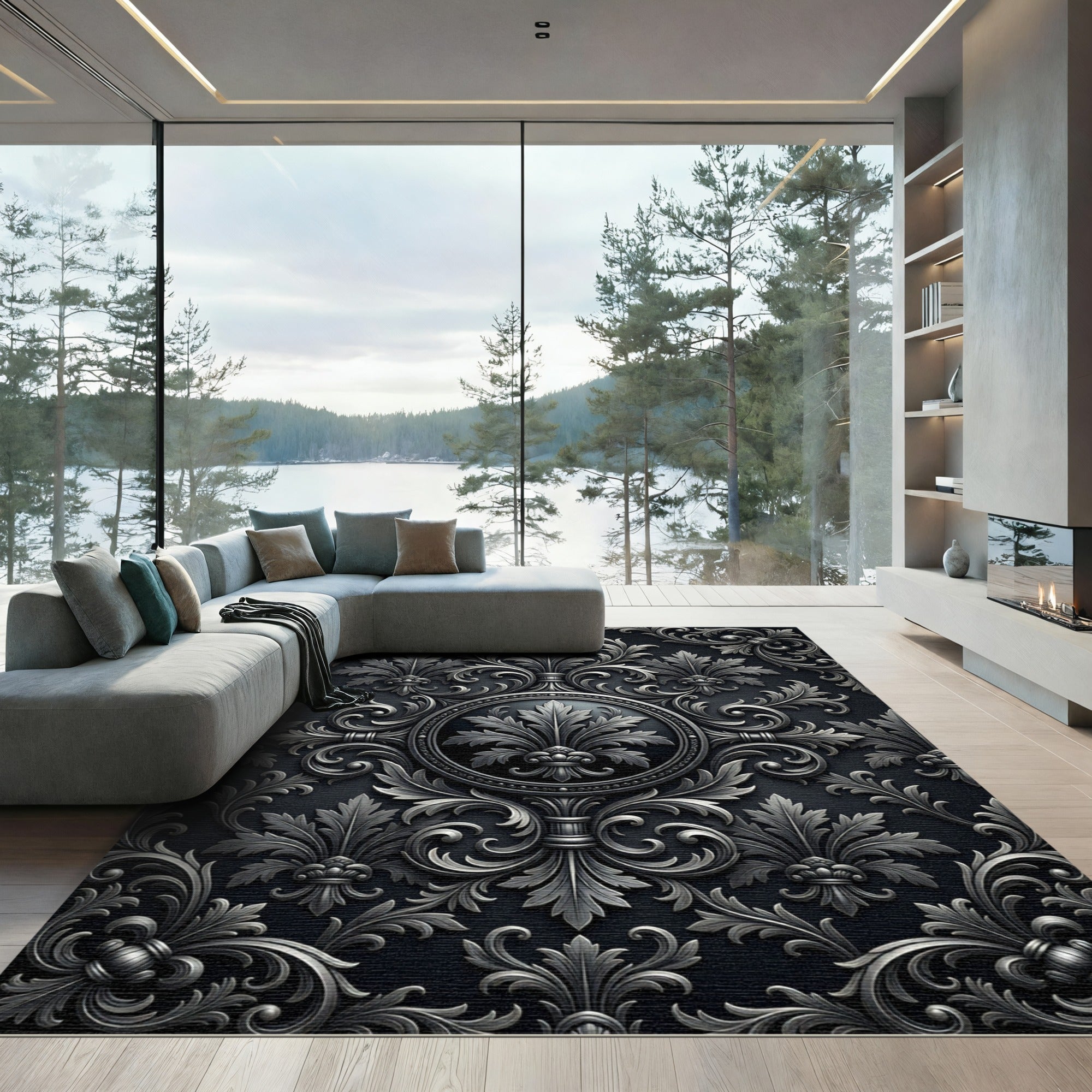 Ornate Silver Acanthus Scrollwork Rug