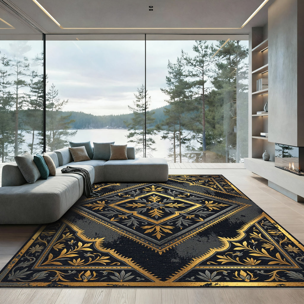 Ornate Gold Black Damask Diamond Medallion Rug