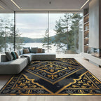 Ornate Gold Black Damask Diamond Medallion Rug
