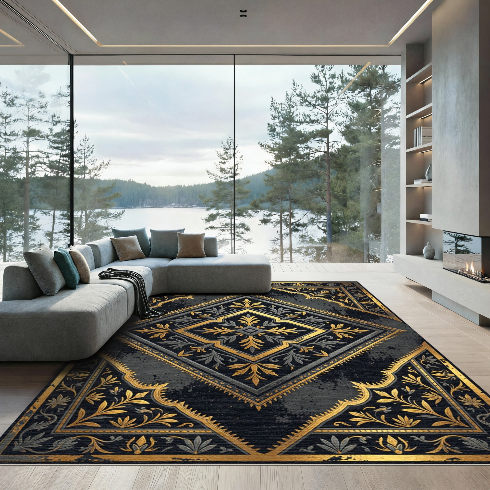 Ornate Gold Black Damask Diamond Medallion Rug