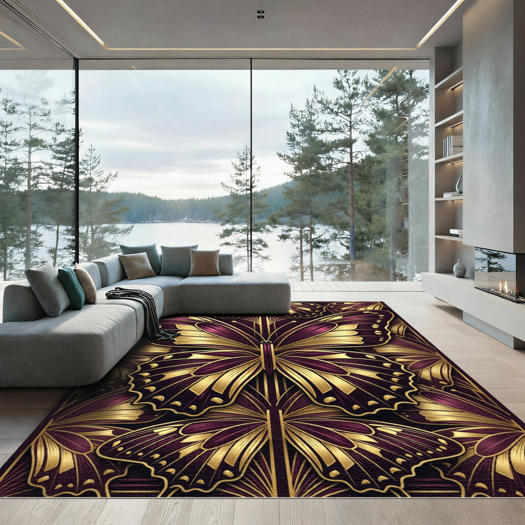 Art Deco Golden Butterfly Plum Rug